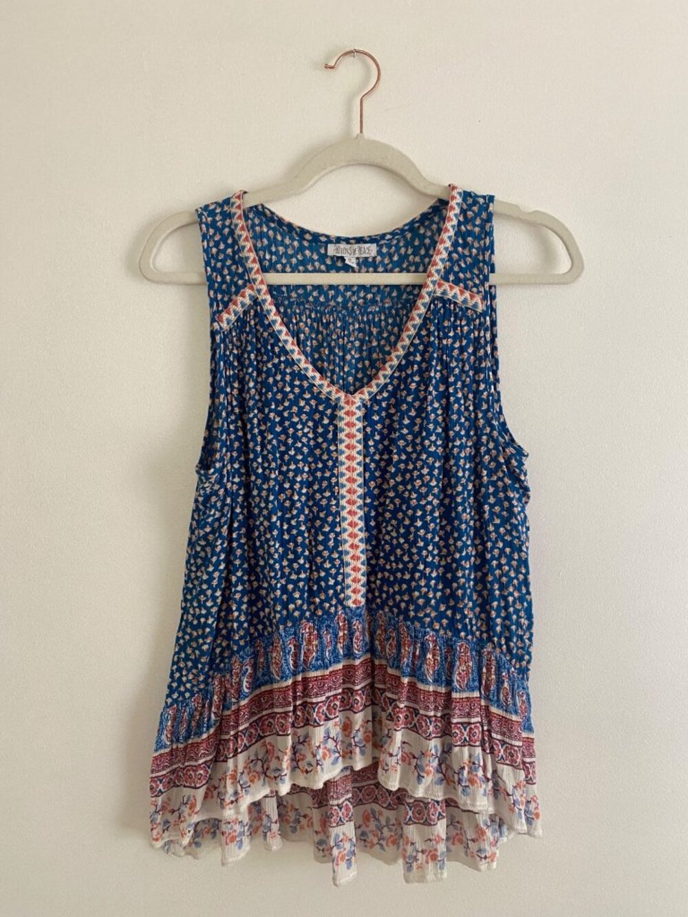 Patrons Of Peace Blue Boho Sleeveless Floral High-Low Top Women’s Size S